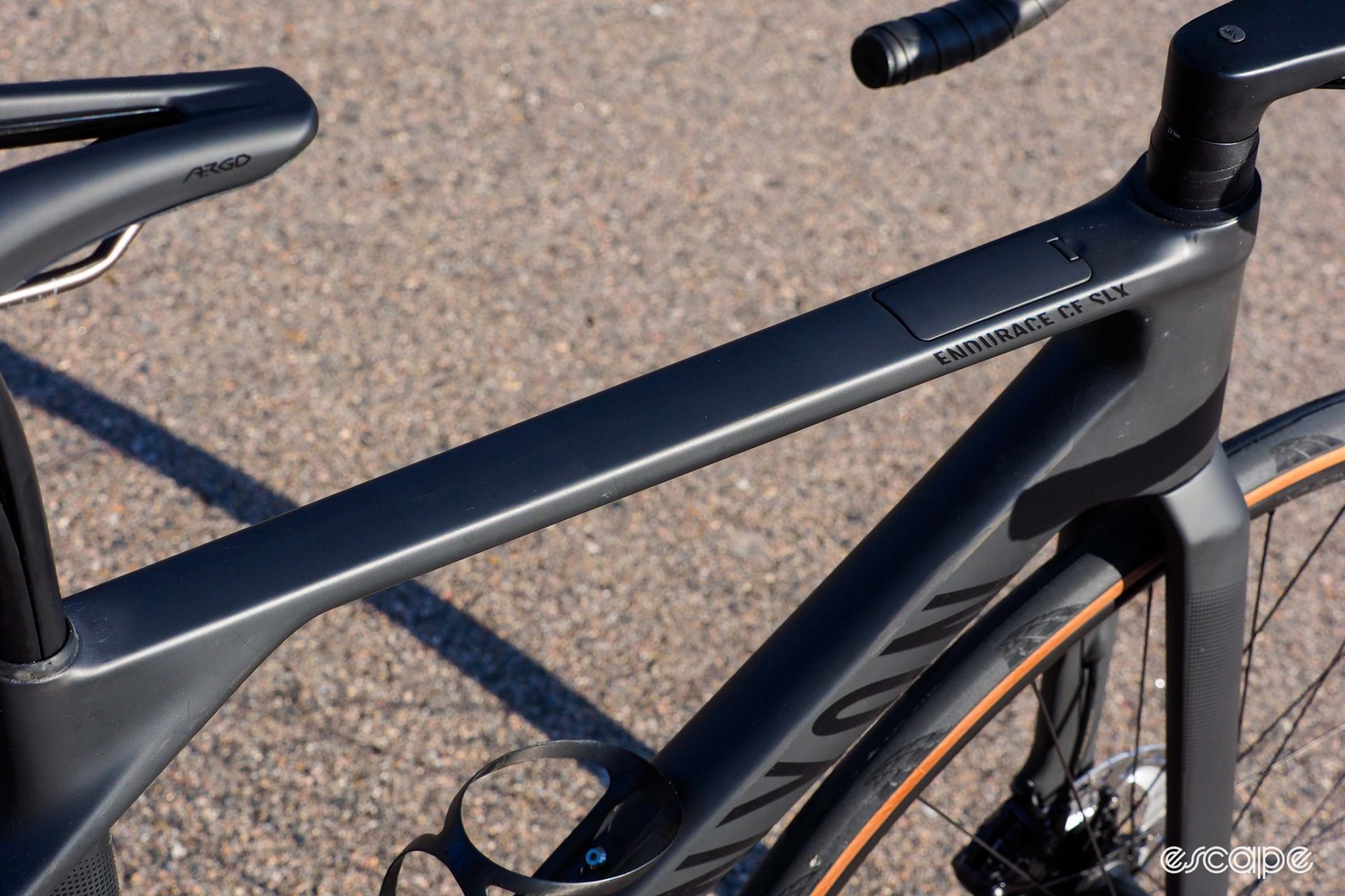 The 2024 Canyon Endurace CF top tube is broad and flat, which helps with torsional stiffness.