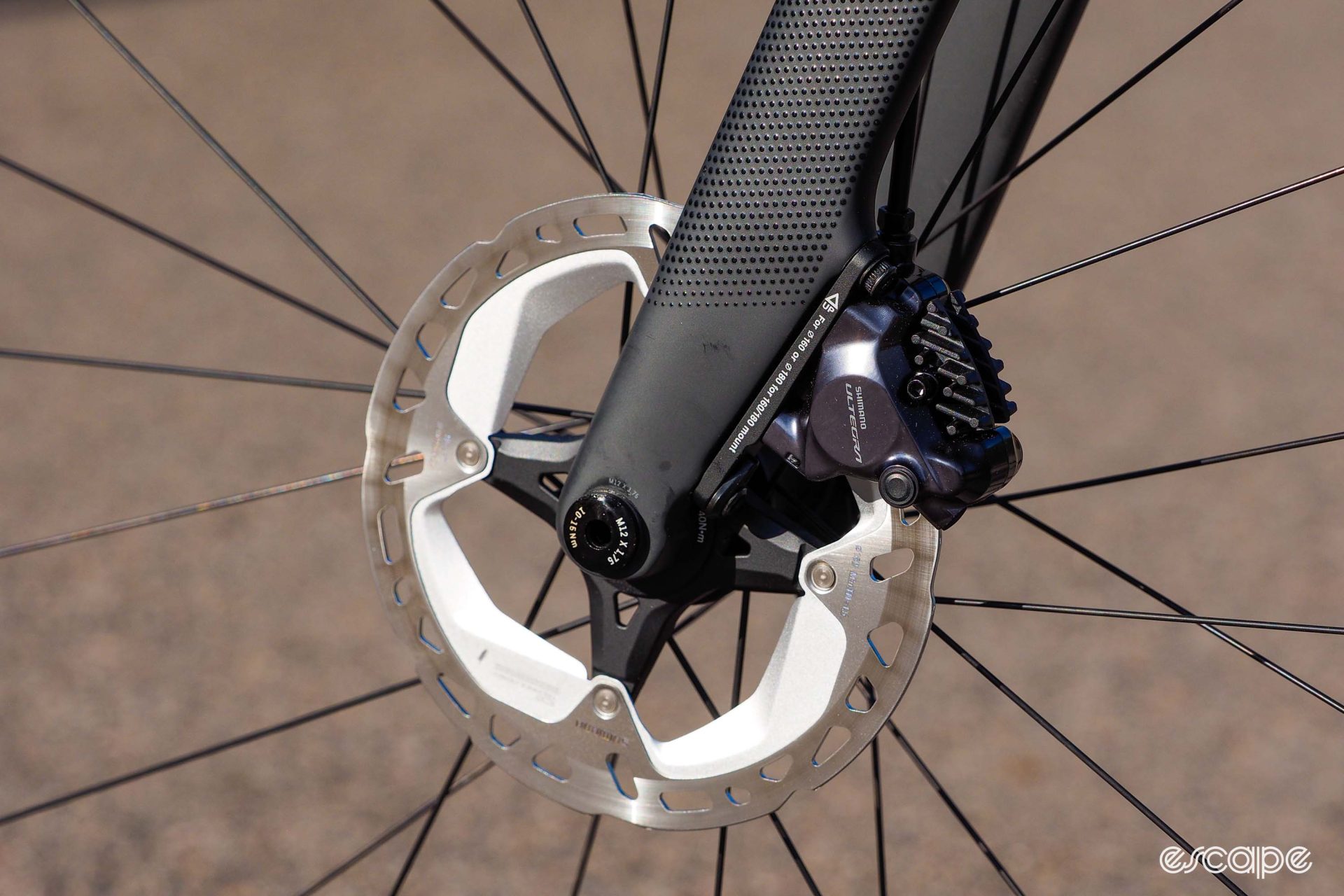 The 2024 Canyon Endurace CF front brake mount is flush to the fork blade for a nice, clean look.