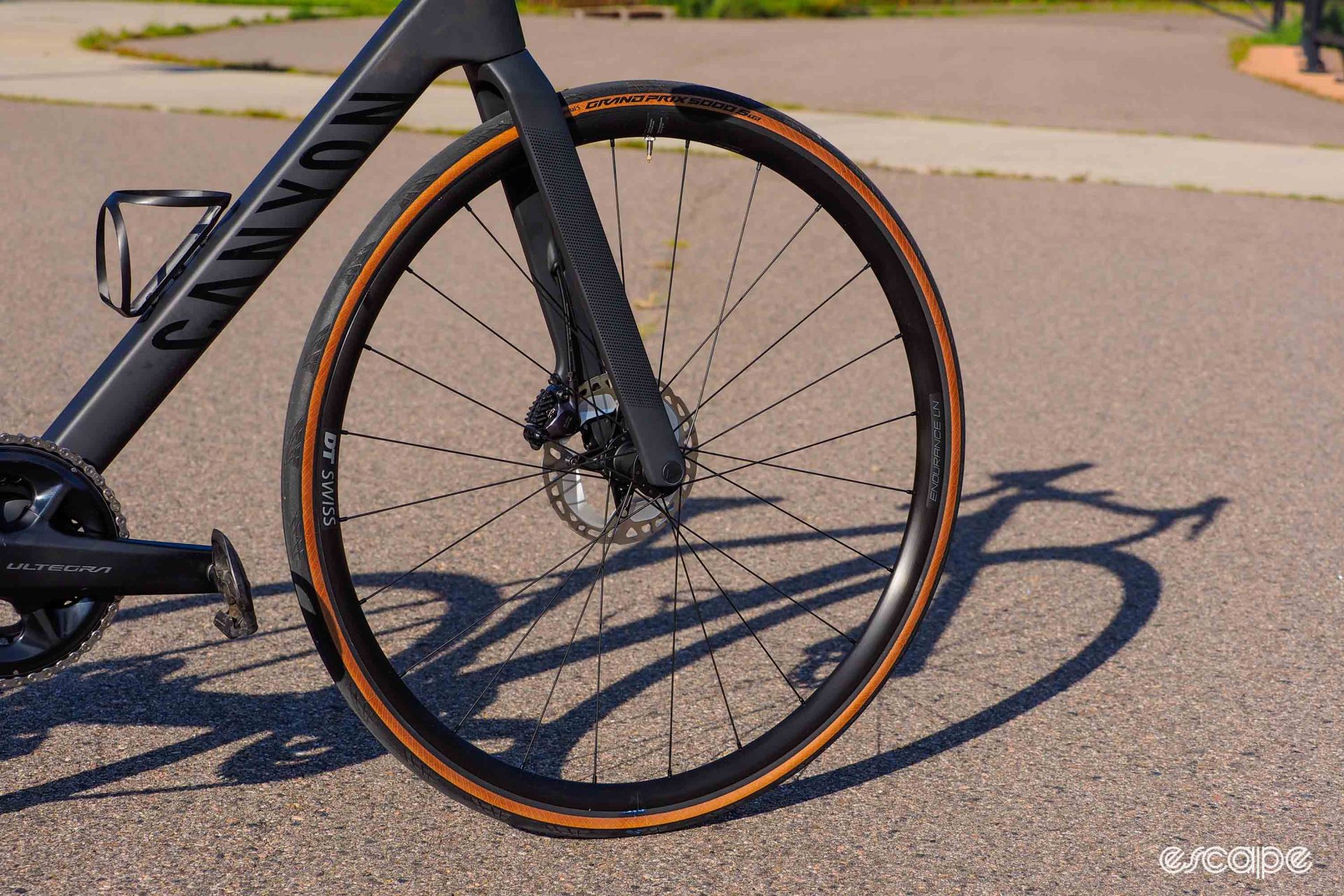 The DT Swiss Endurance LN wheelset isn't flashy, with black rims and subtle decals on a low-profile, 23 mm-deep rim, but they're solid hoops.