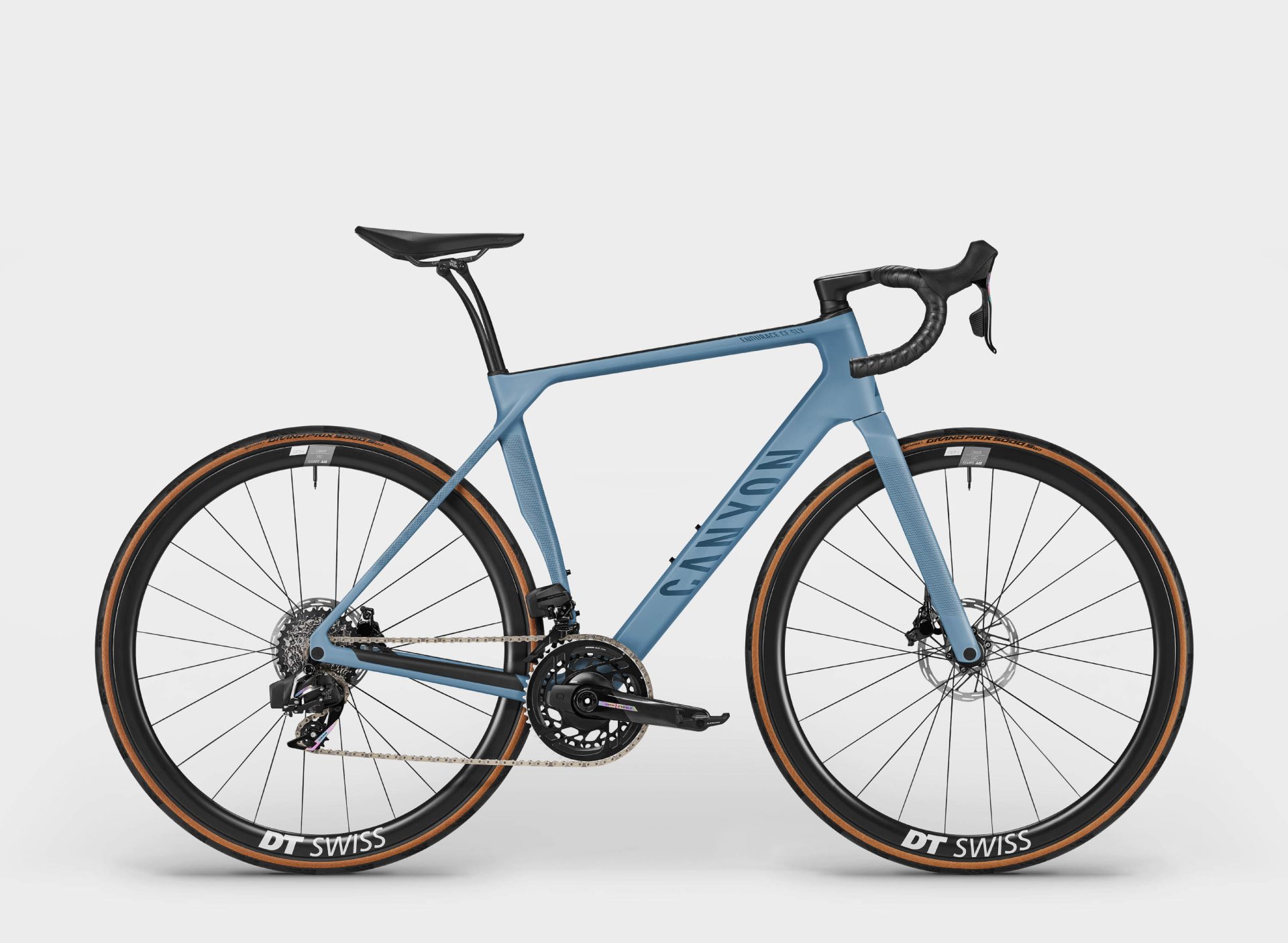 The 2024 Canyon Endurace CF SLX 8 eTap comes with a SRAM Force AXS wireless electronic groupset, a Quarq chainring spider-based dual-sided power meter, and DT Swiss ERC 1400 carbon wheels.  Claimed weight is 7.8 kg (17.20 lb), and retail price is US$5,500 / £5,250 / €5,500. 