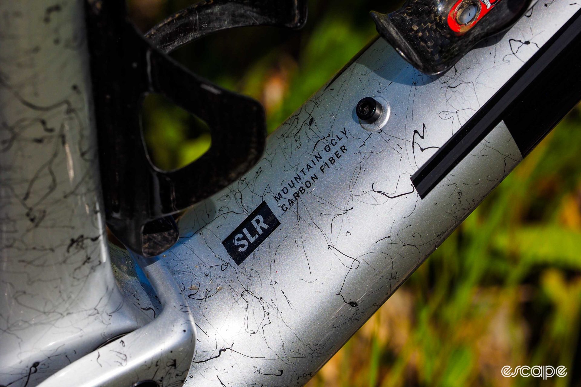 Trek offers the Supercaliber in two variants, including the SLR carbon fiber version shown in this closeup of the logo on the downtube.