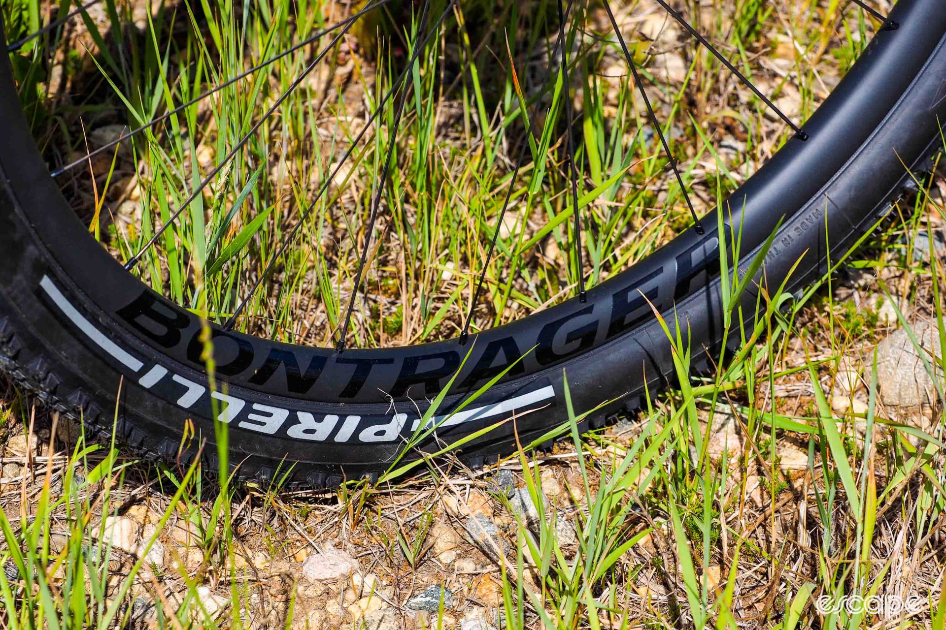 Bontrager's Kovee RSL carbon fiber wheels are shown with black logos and spokes, shod with Pirelli - not Bontrager - race tires.
