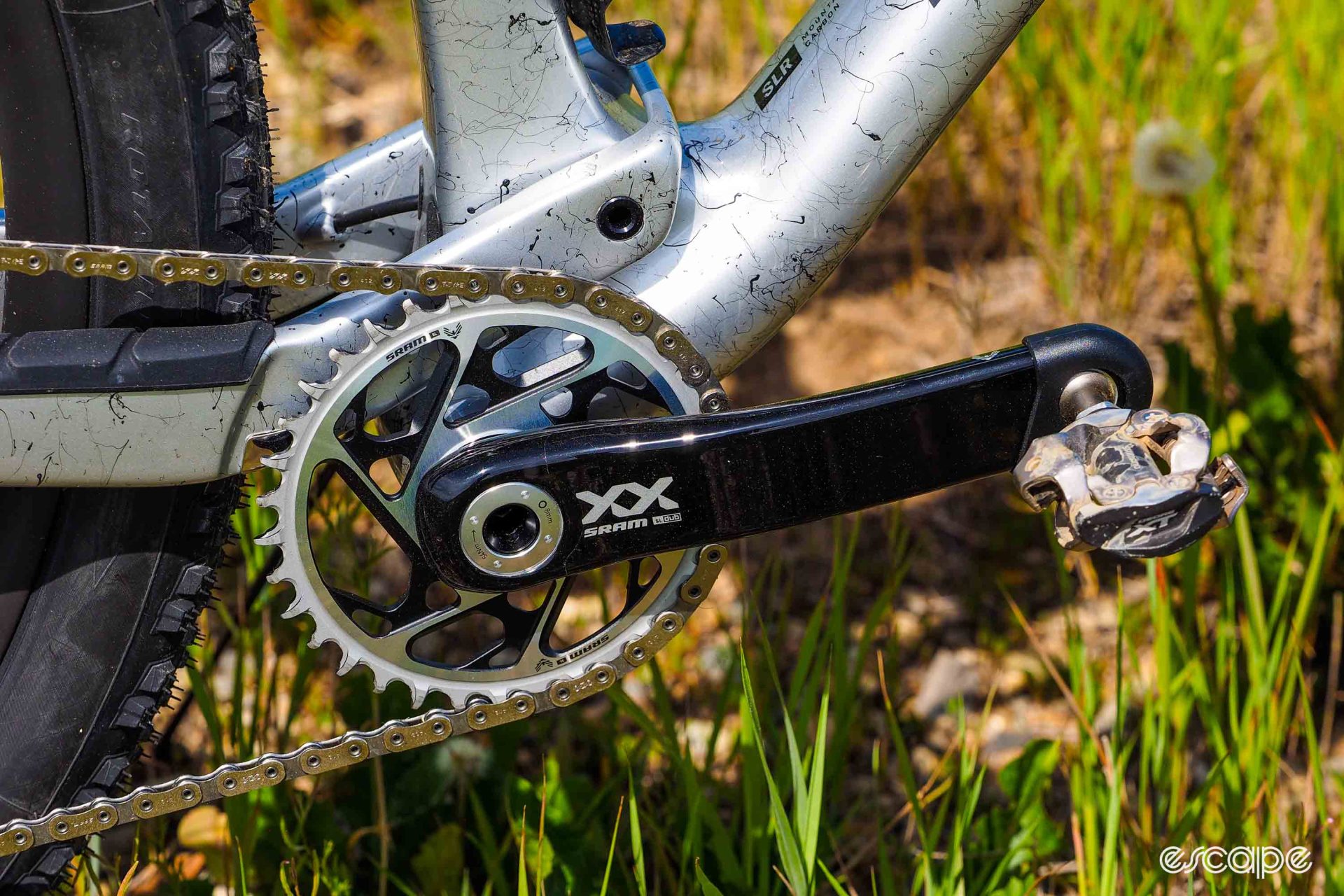 The crankset on the Supercaliber features a larger, 34T chainring, a size that works well with the suspension pivot location.
