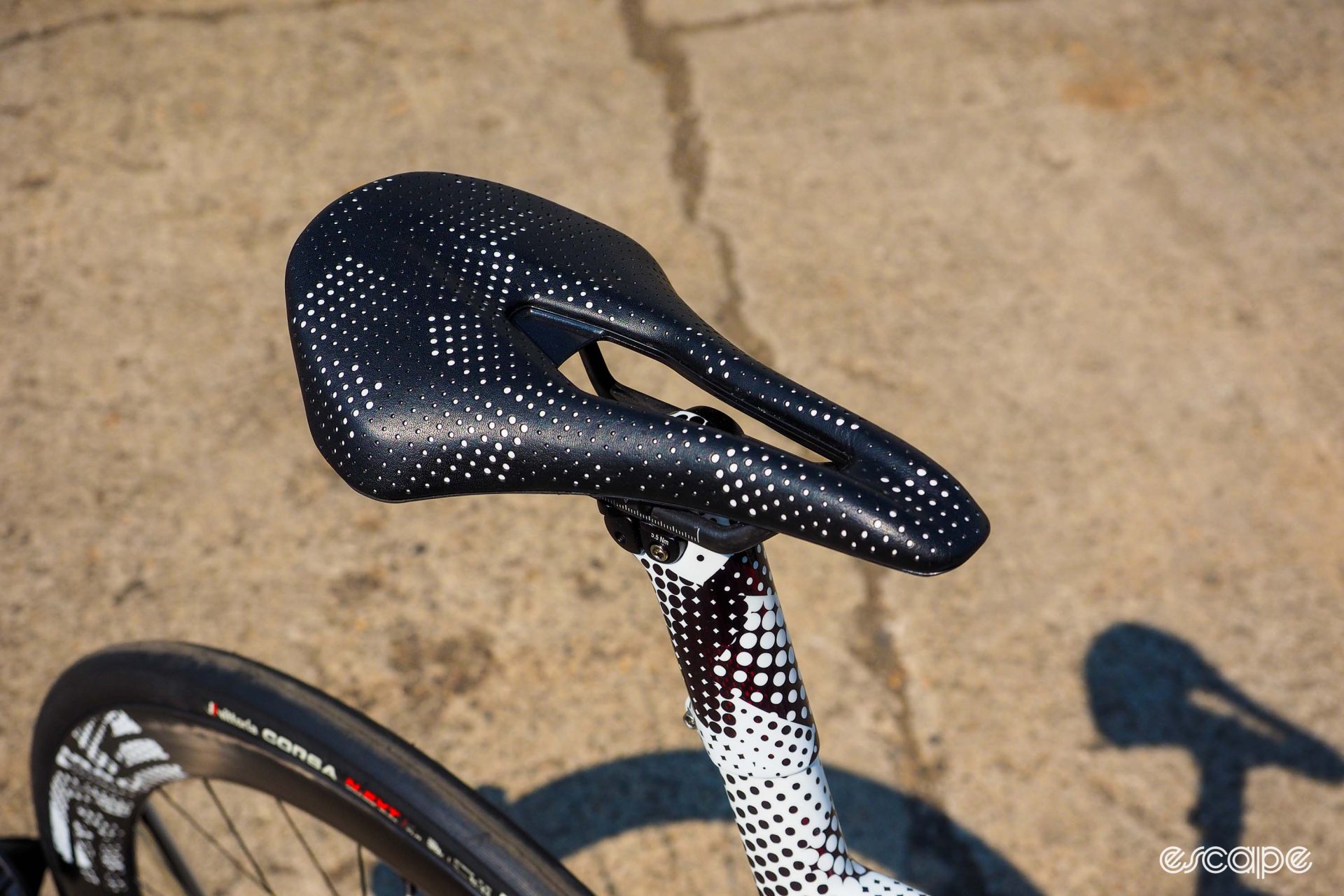 Detail shot of saddle, recovered by Australian leather artisan Busyman in the same pattern as the rest of the bike. 