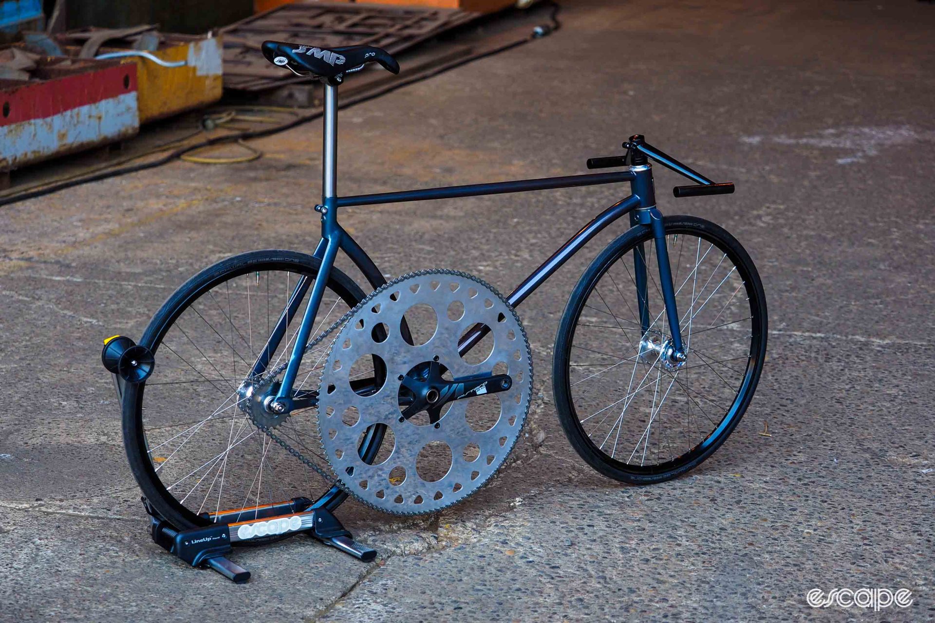 Profile shot of Brulé track bike, with a chainring almost the same size as the wheels.