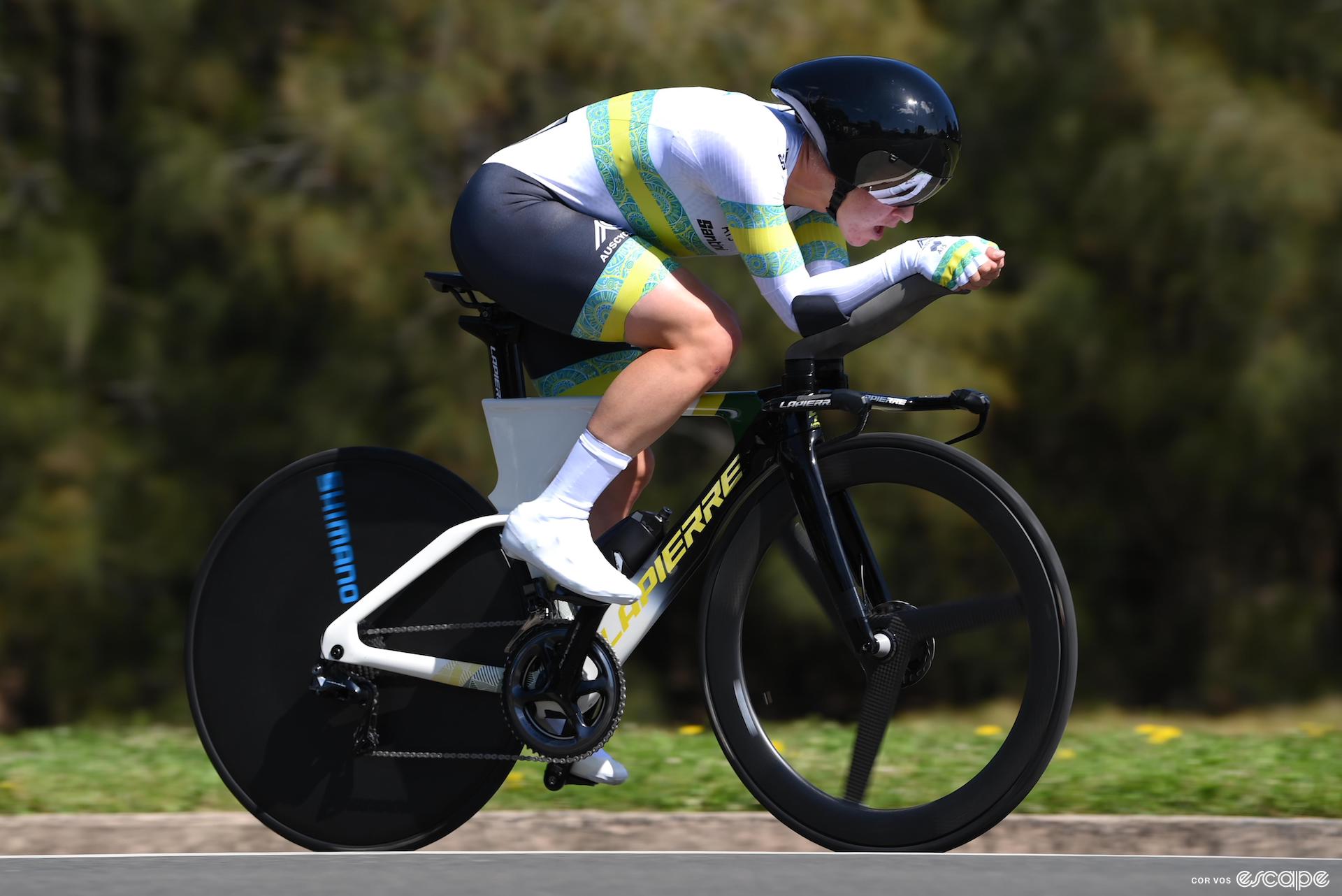 Australian Grace Brown, riding to the silver medal at the 2022 World Time Trial Championships in Wollongong, Australia.