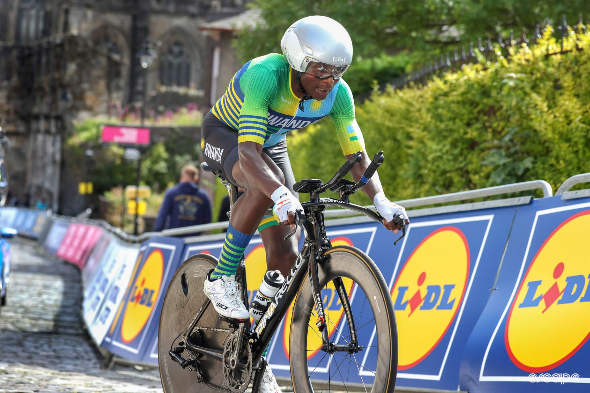 Rwandan rider Etienne Tuyizere rides in the 2023 World Championships U23 time trial.