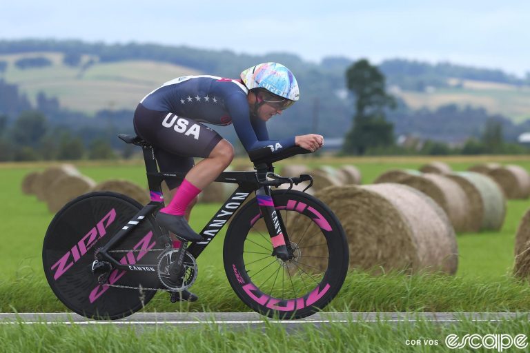 American Chloe Dygert races her time trial bike in the 2023 World Time Trial Championships.