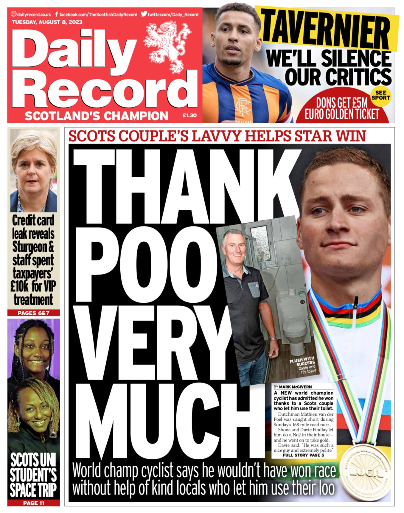 The front page of Scotland's Daily Record tabloid newspaper, which features a main story about Mathieu van der Poel using a homeowner's bathroom at the World Championships in Glasgow when the road race had a lengthy neutralization for protesters blocking the route. The Record's headline is "Thank Poo Very Much" and claims Van der Poel said he wouldn't have won the race had he not been able to go.