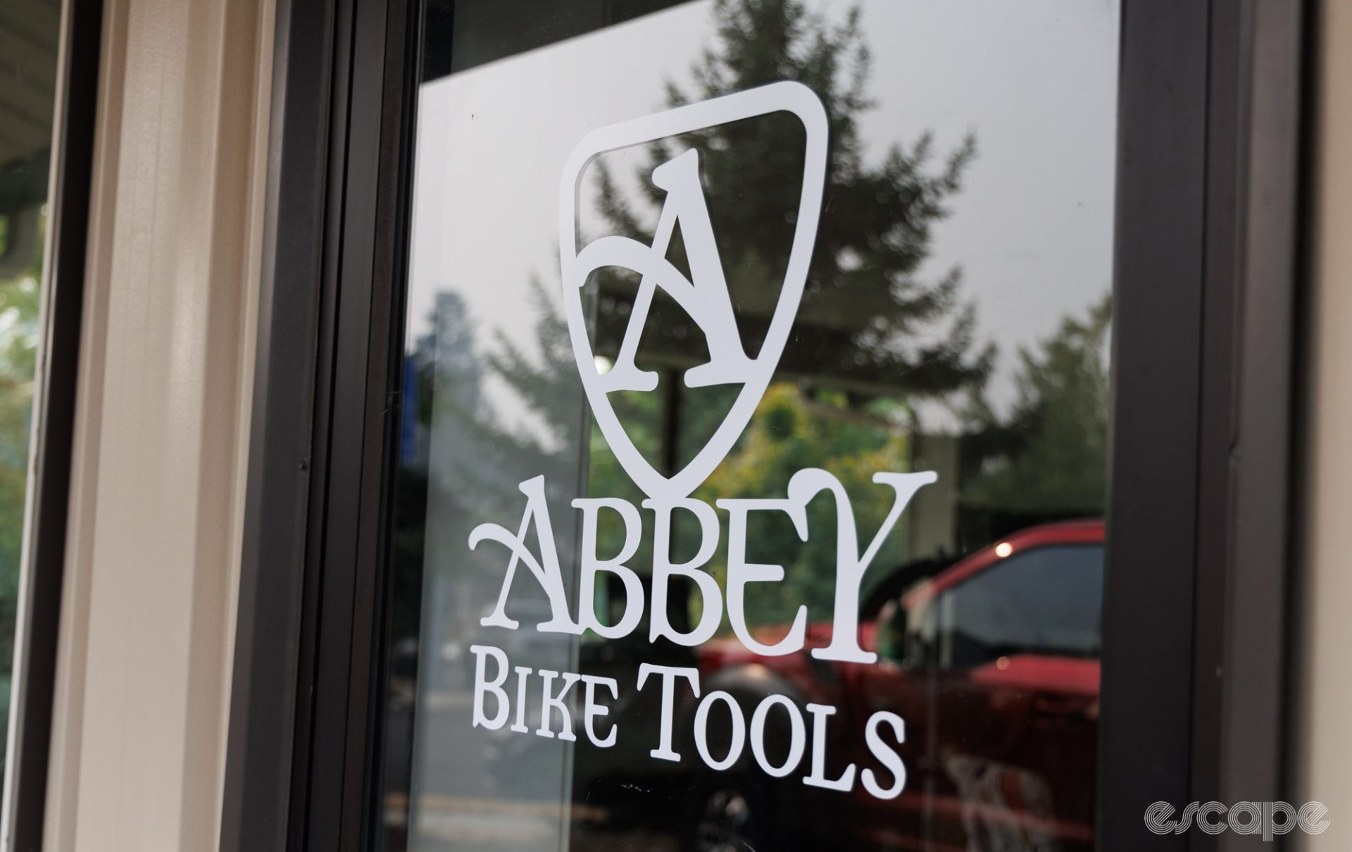 The Abbey Bike Tools logo on the front door.