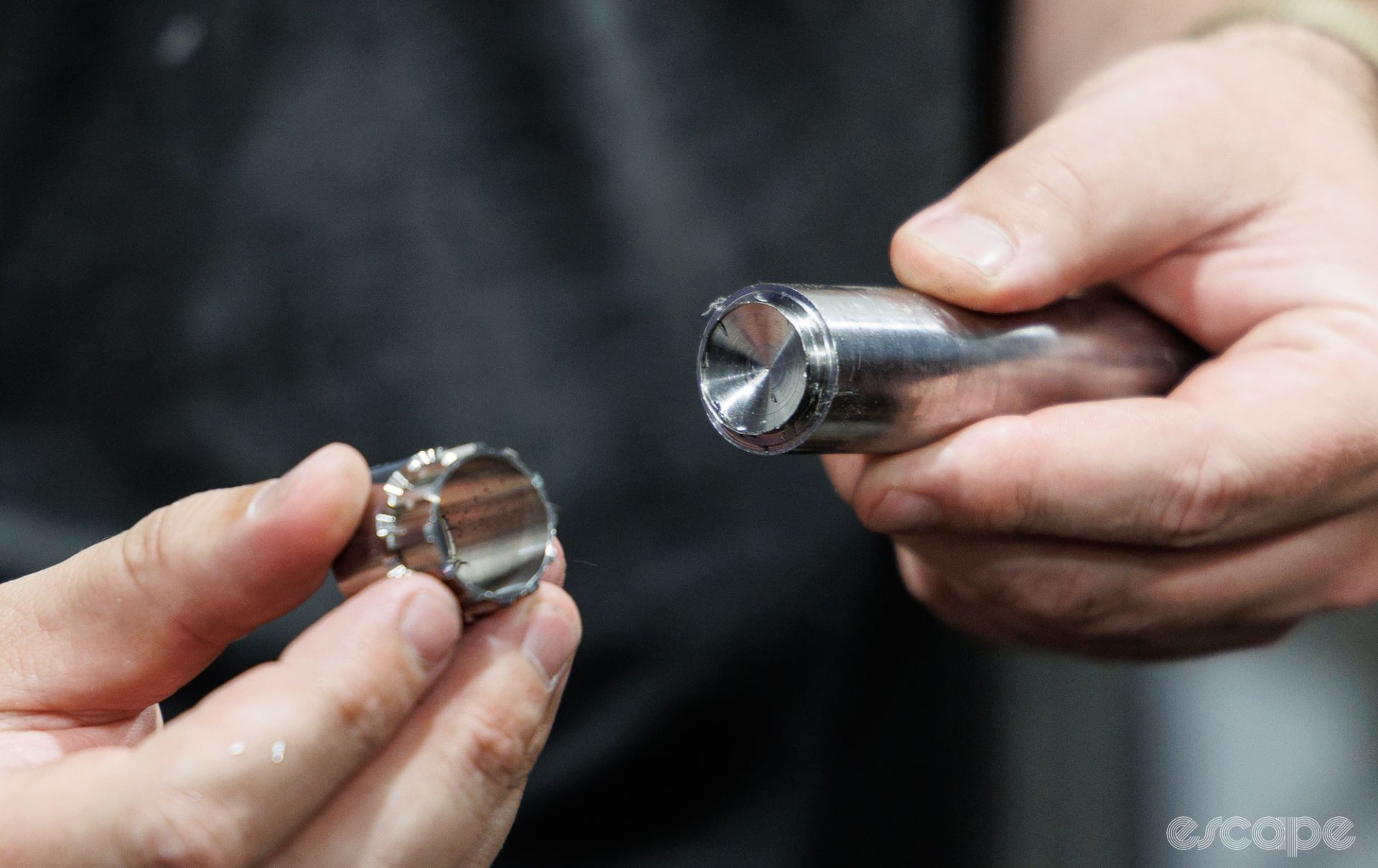 Two parts of the Crombie cassette tool are shown before they're welded together.
