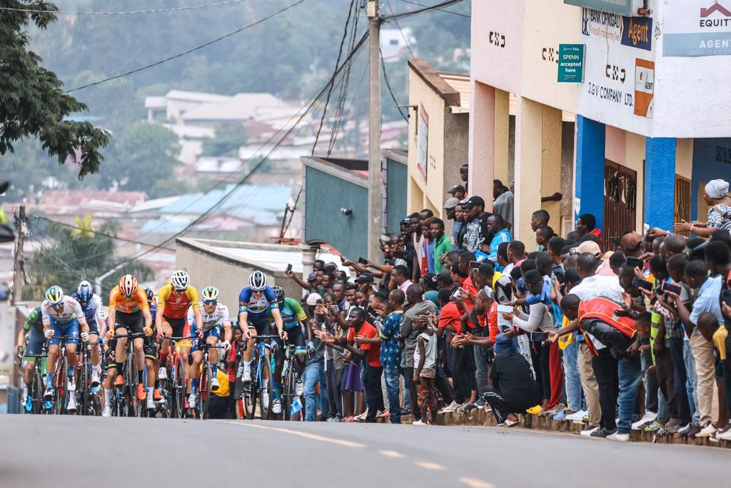 Riders crest a hill at the Tour du Rwanda.