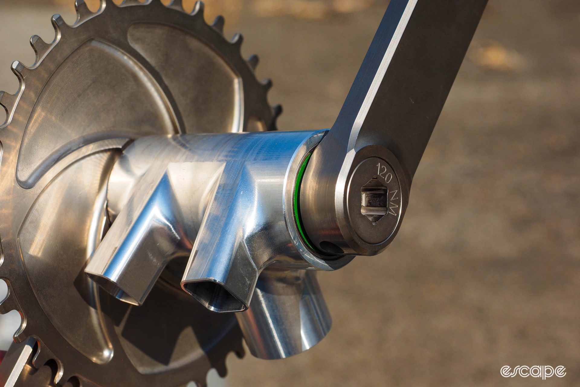Detail shot of bottom bracket area, showing cranks and bearings in situ.