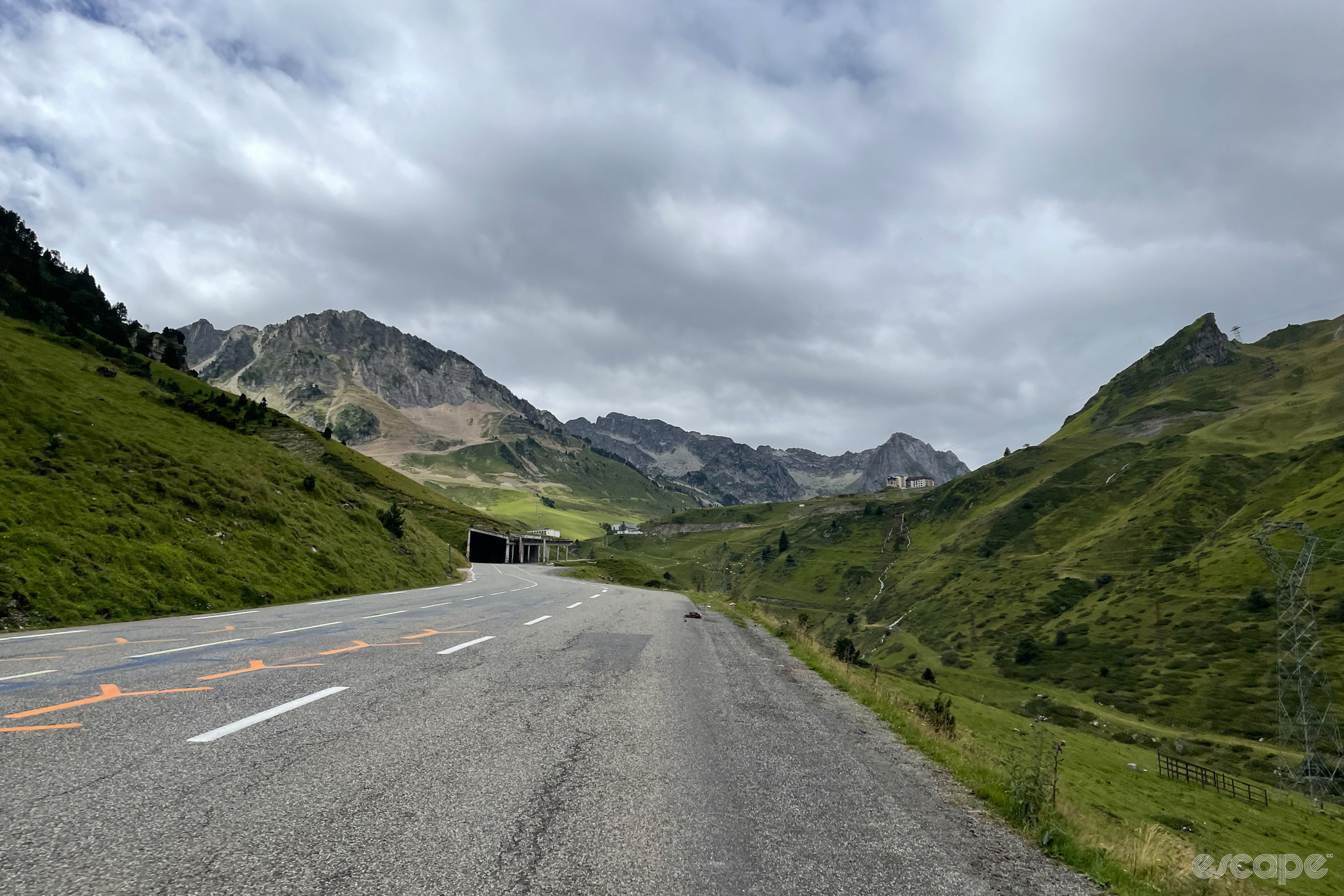 The climb up the Col du Tourmalet, looking toward the Pyreneean massif while approaching a tunnel.