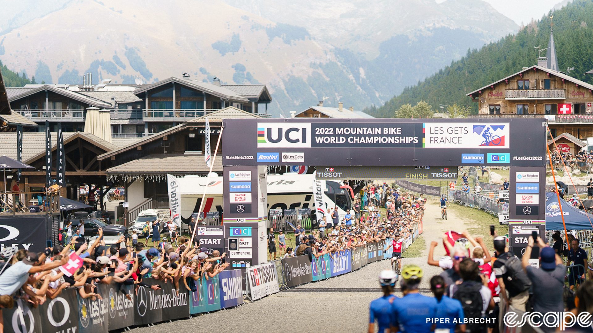The finish line of the men's elite XC at the 2022 World MTB Championships in Les Gets, France, where Nino Schurter won his 10th title. Photo © Piper Albrecht