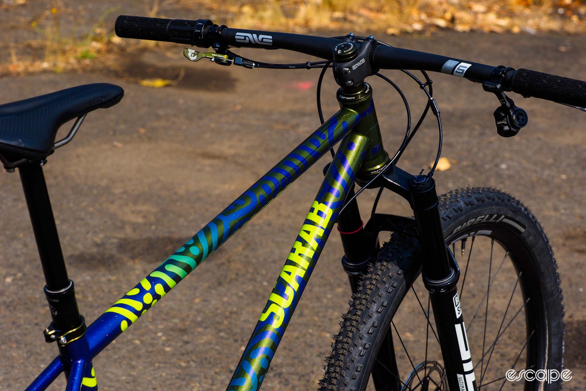 Scarab hardtail detail shot, showing an elaborate blue, green and yellow finish. 