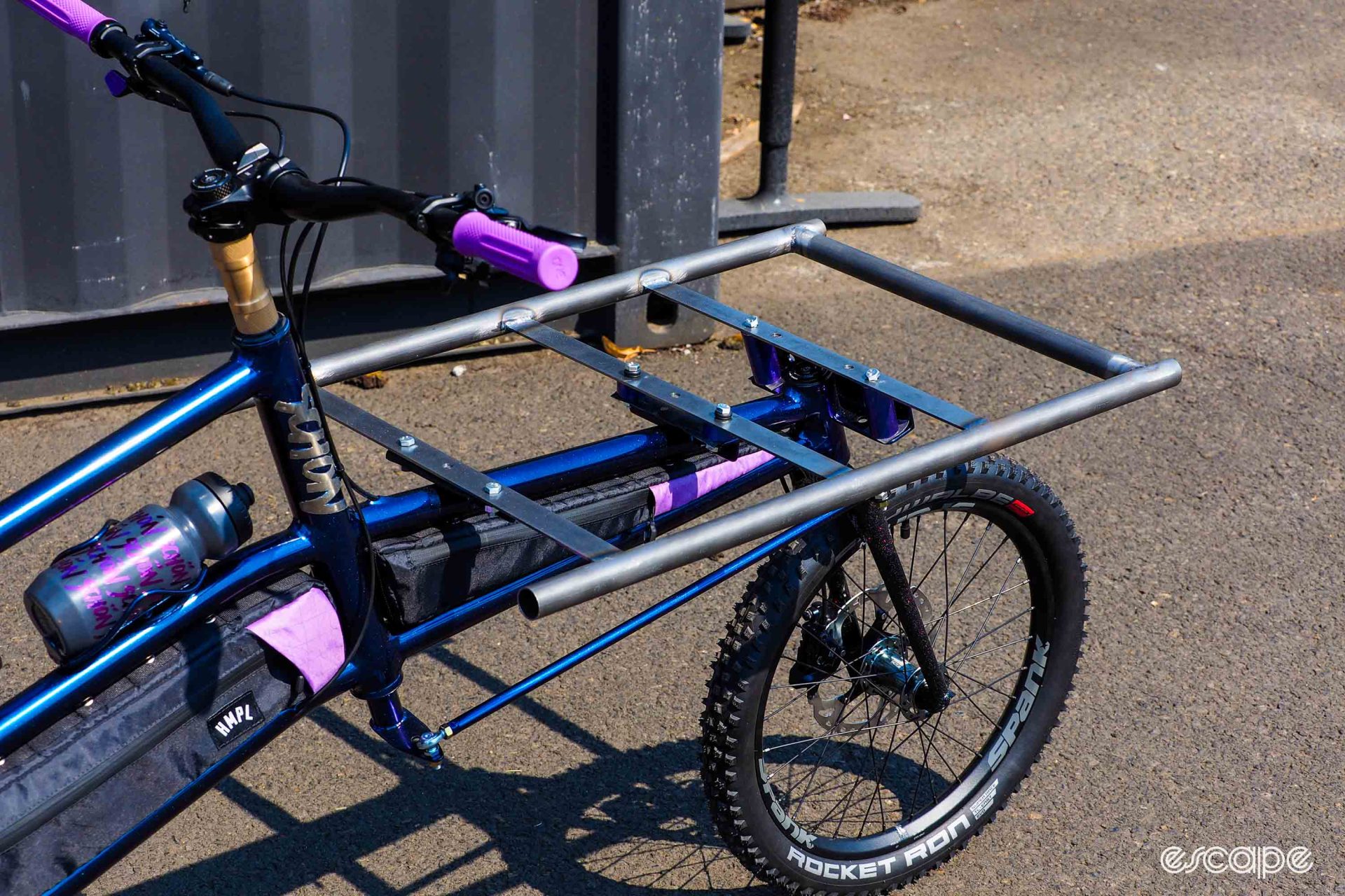 Detail of cargo bike front rack, a modular design currently wearing a platform. 