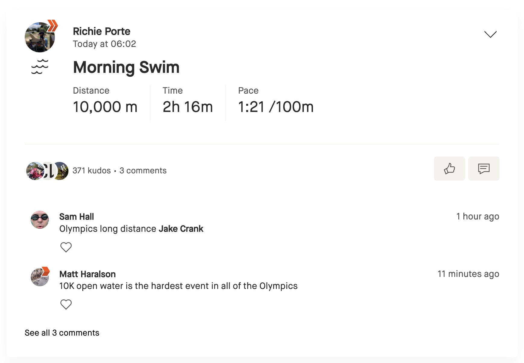 A screenshot of a Strava activity from Richie Porte, showing his 10 km swim, started at 6:02am, and completed in a time of two hours and 16 minutes – an average pace of 1 minute and 21 seconds per 100 metres. The activity has received 371 kudos and 3 comments.