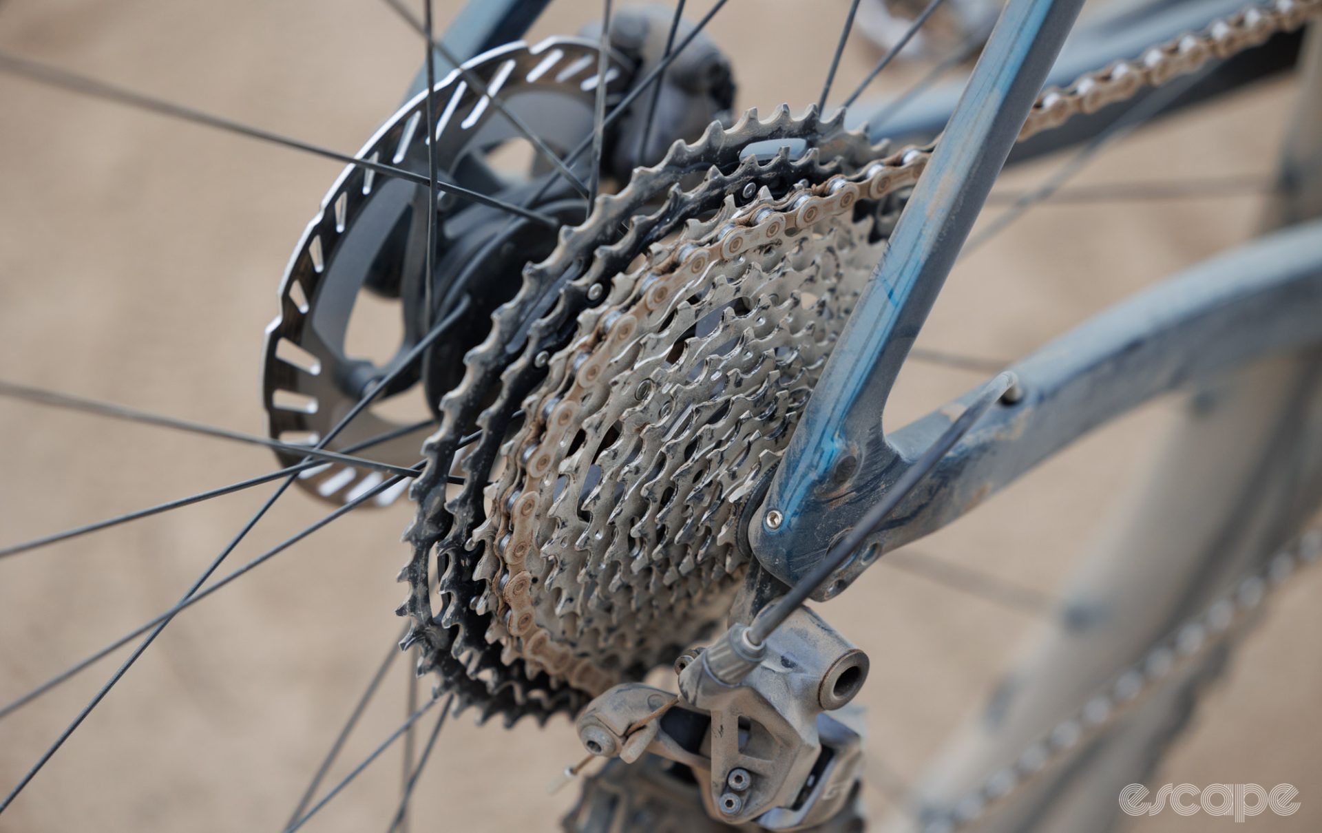 Shimano XT 10-45T cassette with dusty chain. 
