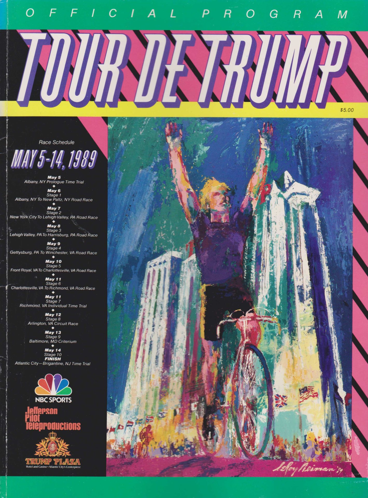Front cover of the 1989 Tour de Trump official program, featuring a stylised artwork of a cyclist raising his arms in victory.