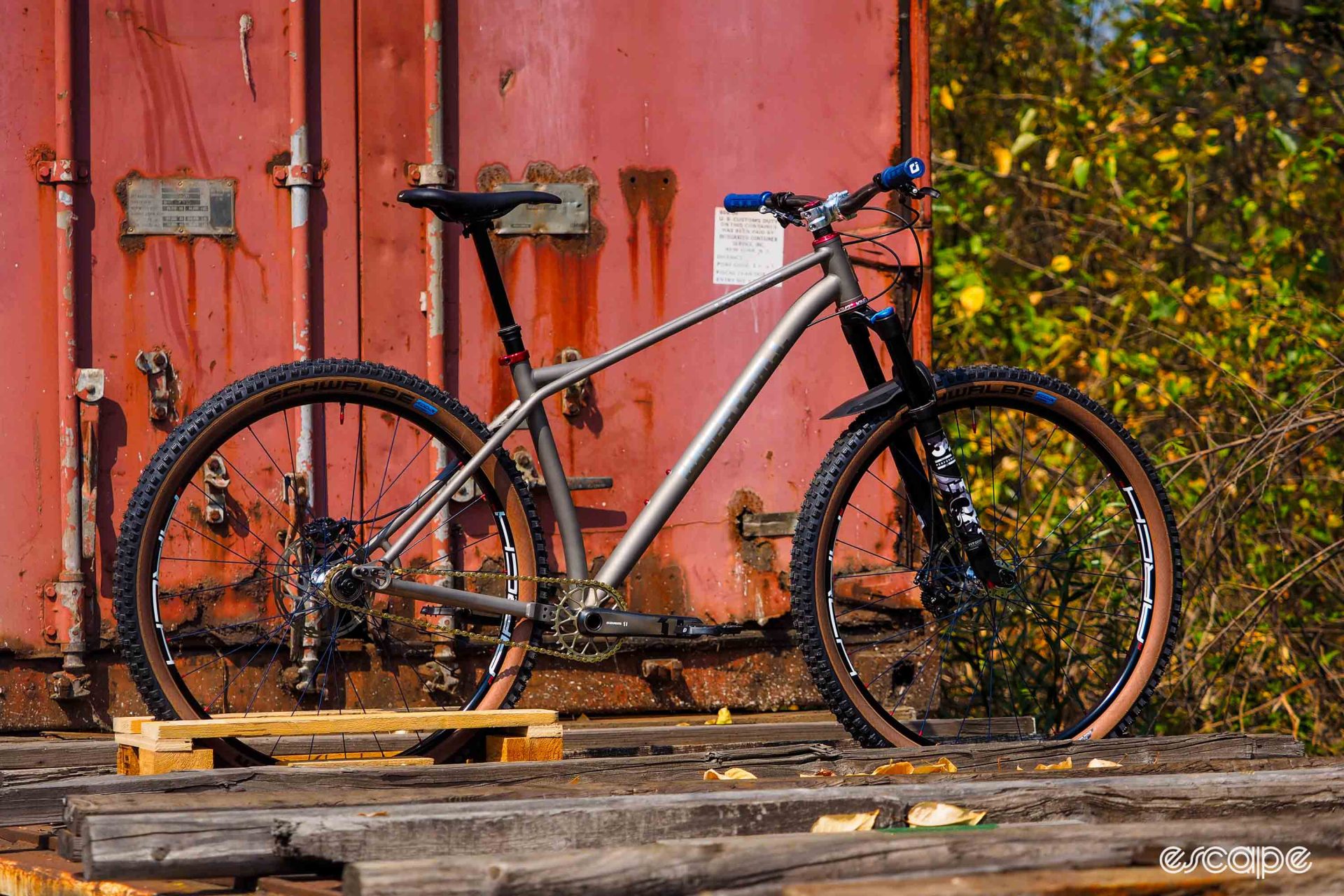 Profile shot of Wheatfall singlespeed titanium mountain bike. 