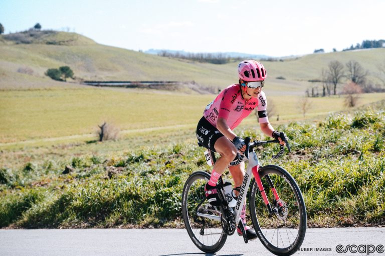 Veronica Ewers races in the 2023 Strade Bianche.