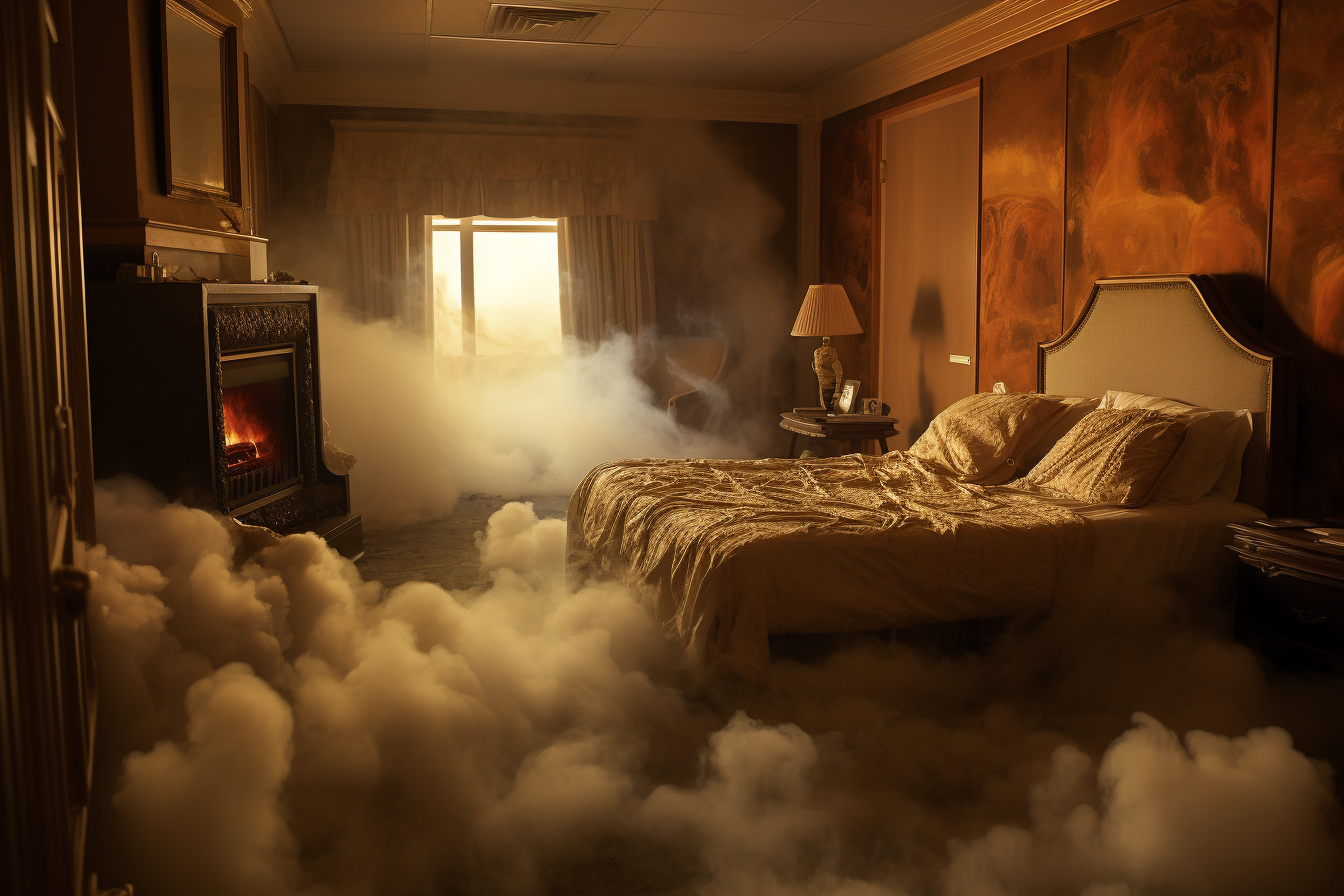 An AI-generated image of a smoke-filled hotel room.