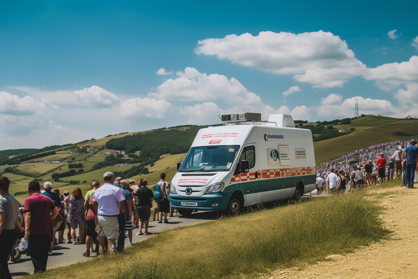 An AI-generated image of an ambulance on the road at the top of a Tour de France climb as lots of spectators stand by.