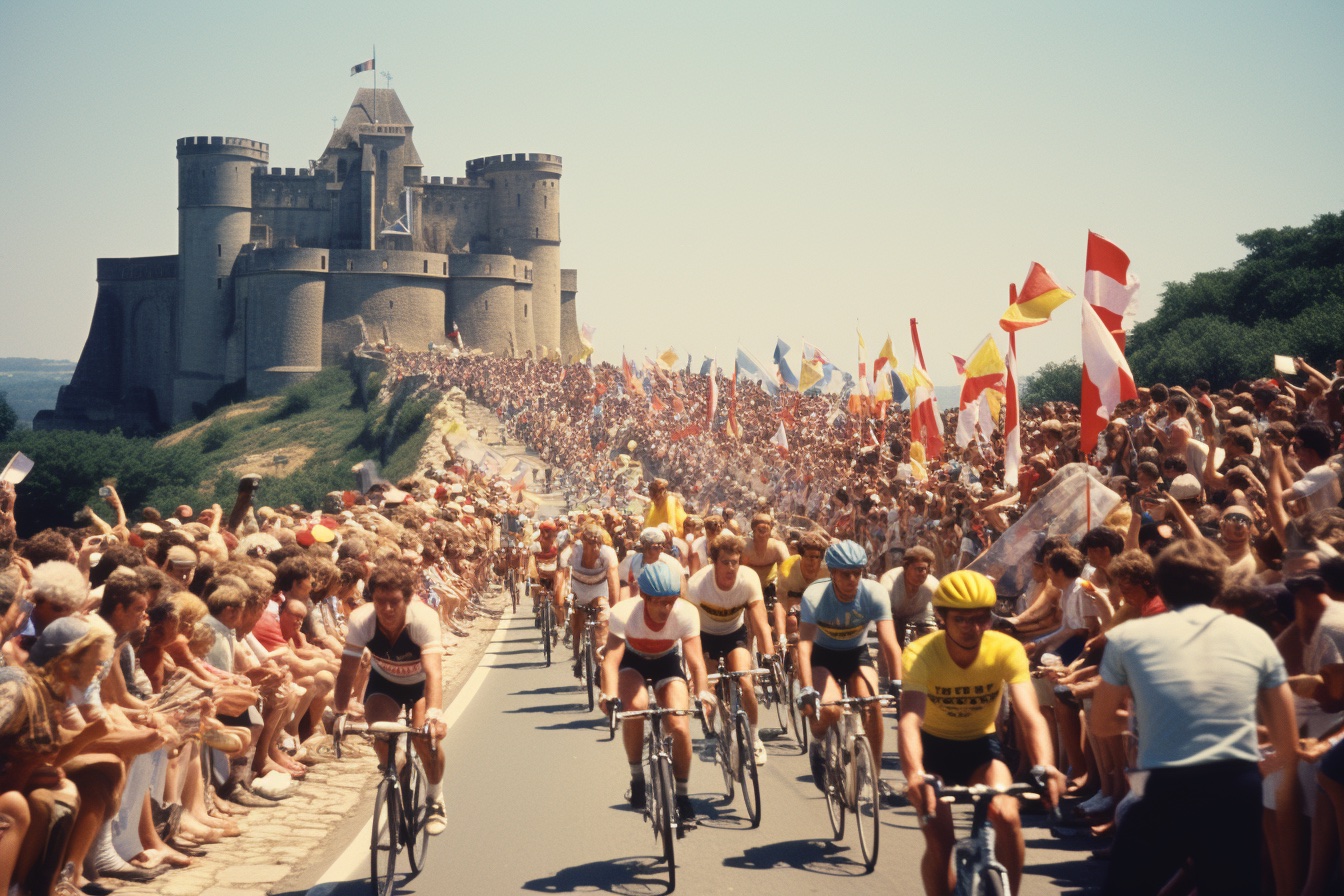 An AI-generated image of Tour de France cyclists surrounded by massive crowds of flag-waving fans, with a giant castle in the background.