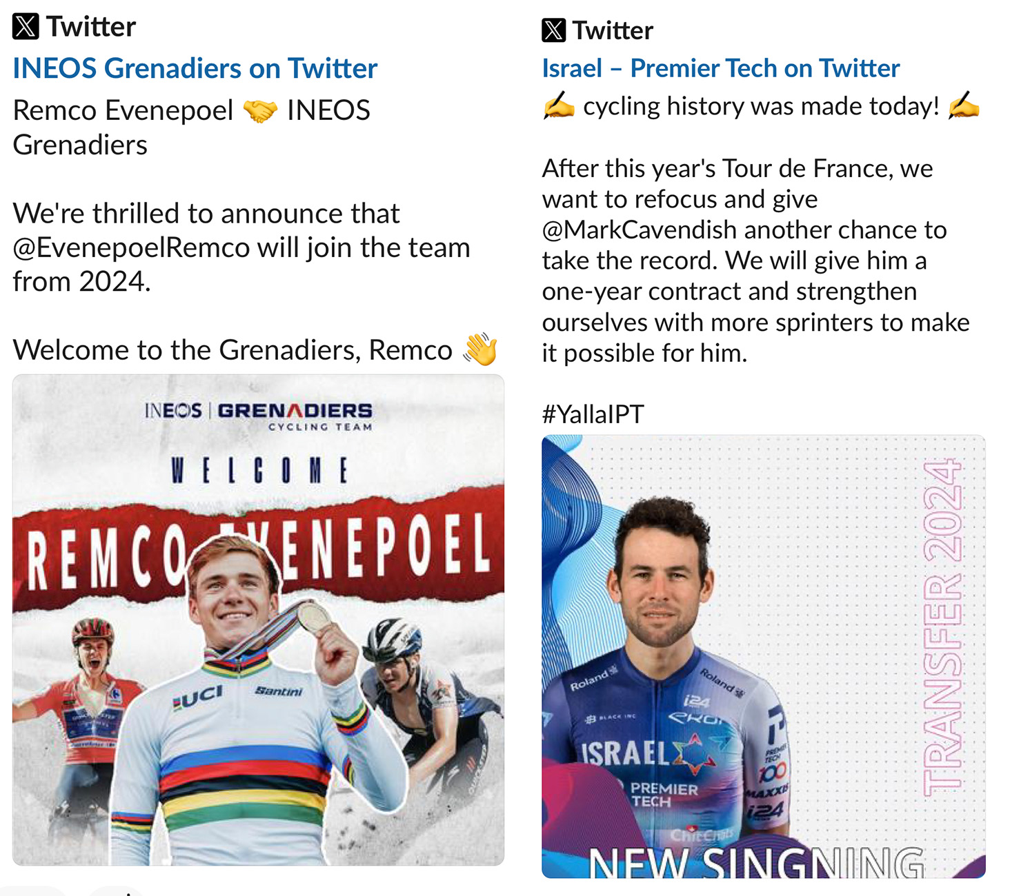 A screenshot of tweets from fake accounts announcing fictional transfers like Remco Evenepoel to Ineos Grenadiers and Mark Cavendish to Israel-PremierTech.