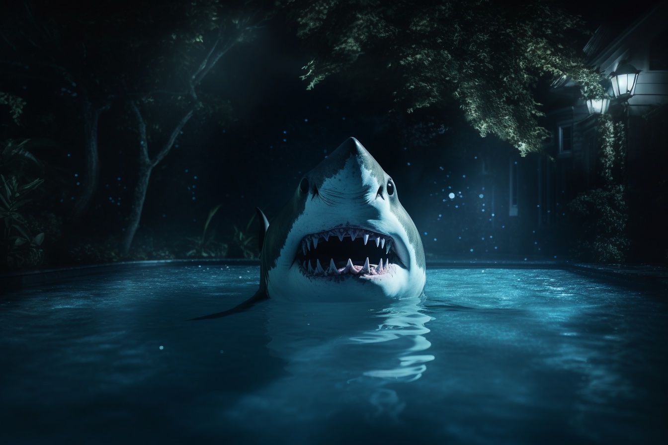 An AI-generated image of a shark in a swimming pool at night.