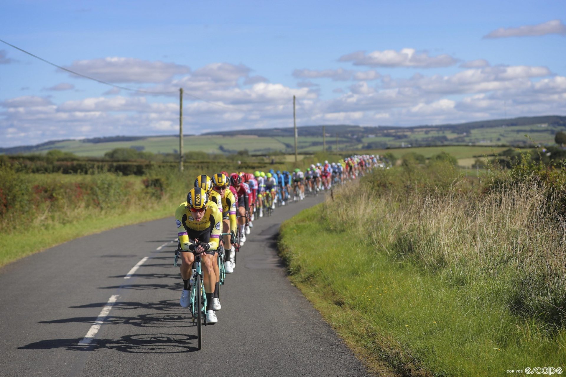 Jumbo-Visma leads the pack through a landscape of green fields in southwestern Scotland during stage 1 of the 2019 Tour of Britain