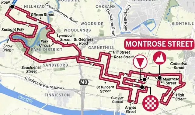 A closeup of the Glasgow finish circuit, showing the climb at Montrose Street just before the finish and the technical nature of the circuit, which has 40 turns.