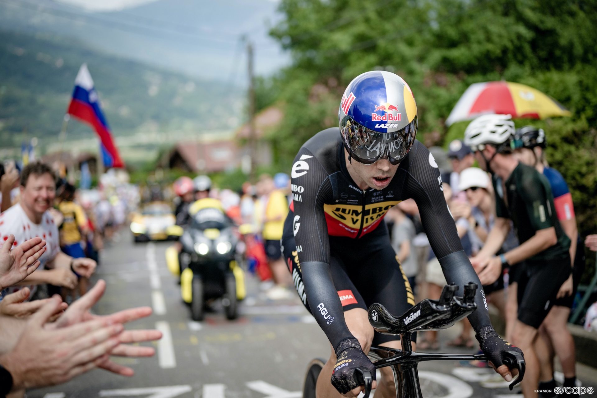 Wout van Aert rides to third on the stage 16 time trial at the Tour de France. Van Aert was bested only by Tadej Pogačar, who is at Worlds, and his winning teammate, Jonas Vingegaard, who is not.