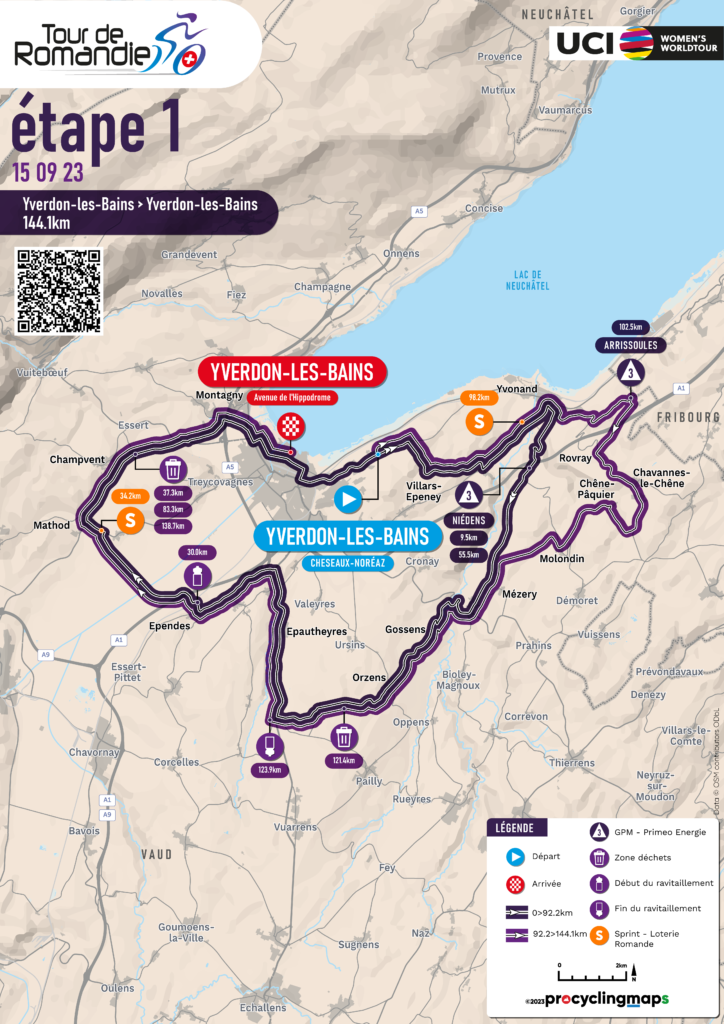 The map of stage 1 of the 2023 women's Tour de Romandie, showing a hilly, technical circuit around Yverdon-les-Bains. There are two category 3 climbs on the course.