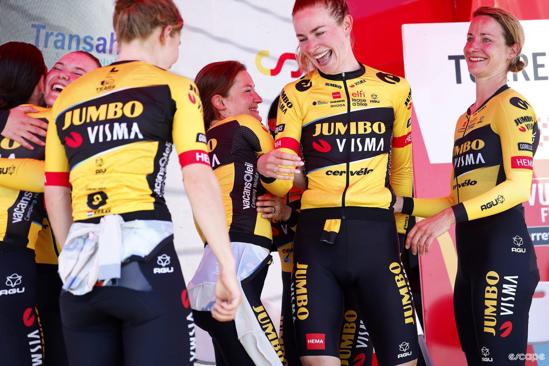 Team Jumbo-Visma on the podium of the opening stage TTT at La Vuelta Femenina 2023