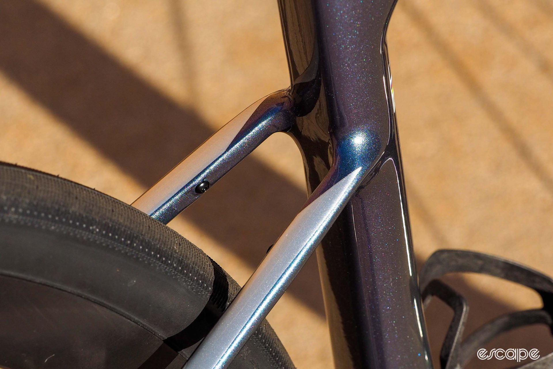 The seatstays of the 2024 Giant Defy Advanced feature hidden fender mounts on the inside of the stays near the seat tube.