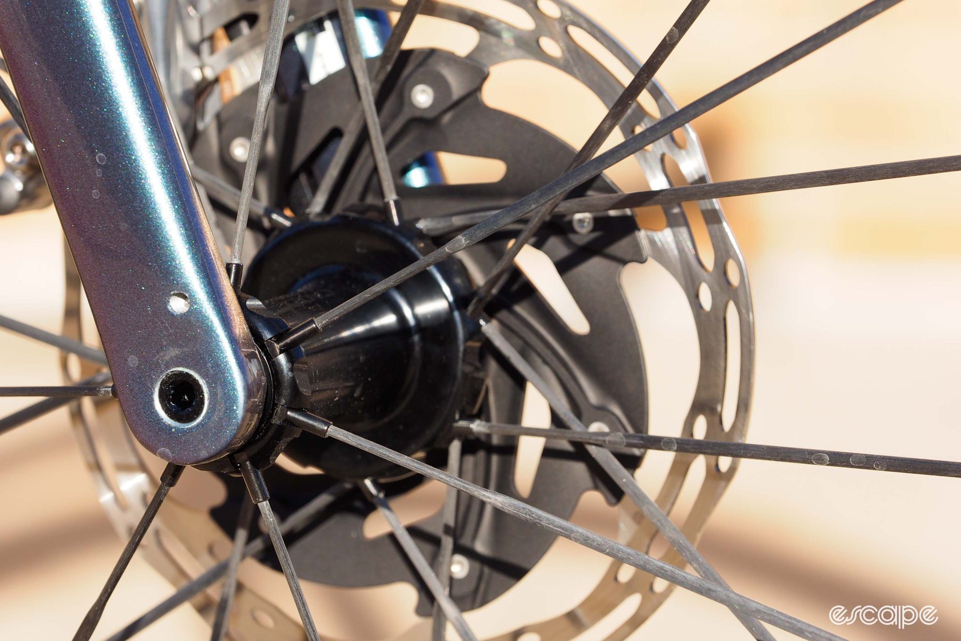 A closeup of the hub, showing bladed carbon-fiber spokes seated to aluminum inserts on the hub shell.