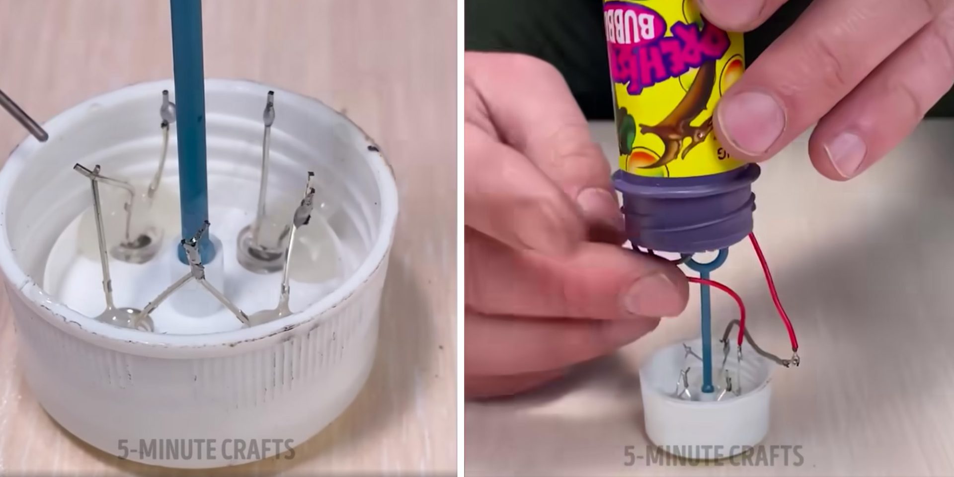 Composite image. Left: a soldering iron attaches a series of small LEDs inside the plastic lid of a bubble mix. 
Right: the rest of the contraption is put in place. The bubble mix has dinosaurs on the outside.