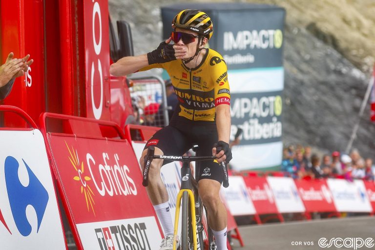 Jonas Vingegaard blows a kiss to the crowd as he crosses the finish line for a solo win on stage 13 of the 2023 Vuelta a España.