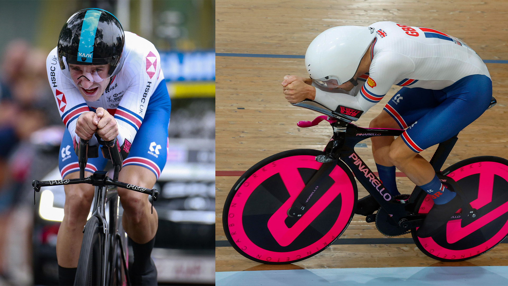 This image is split vertically down the middle and features two images of Dan Bigham left and right comparing his outdoor road time trial position to his indoor track pursuit position. On the left, Bigham is seen time trialling for Great Britain at the 2021 UCI Time Trial World Championships on the road in Belgium. The image is head on and it is clear Bigham has a line of sight straight ahead of himself and as such he can see where he is going. On the right, the image from an indoor velodrome pursuit race on the track it is much less obvious if Bigham can see where he is going. His face is practically touching his forearms and it appears as though he is looking at the ground rather than ahead of himself.