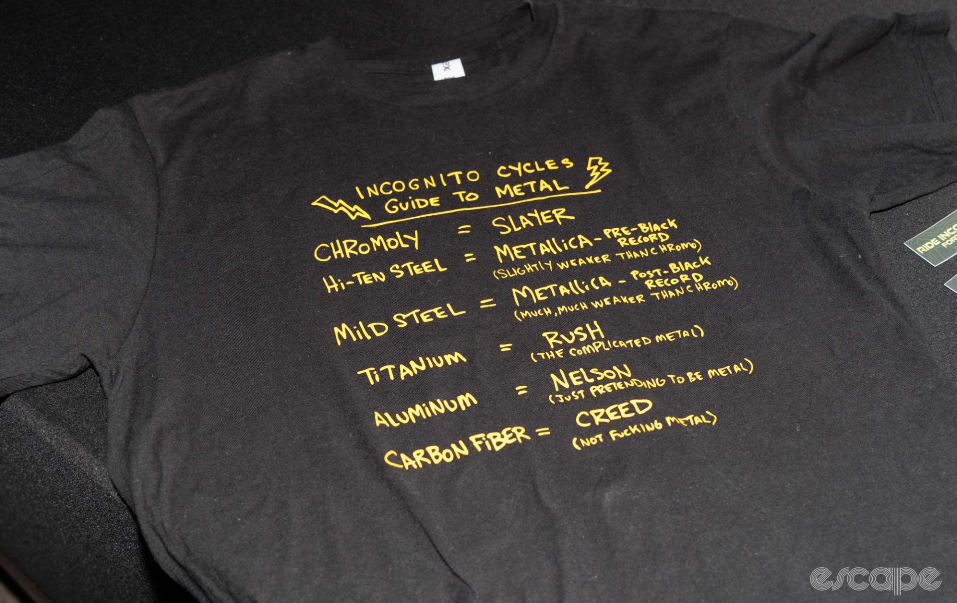 A humorous t-shirt explaining bicycle materials in relation to music. 