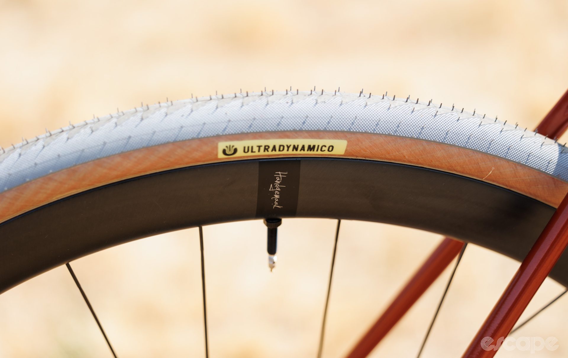 A carbon South Industries rim with a tan-wall Ultradynamico tyre fitted. 