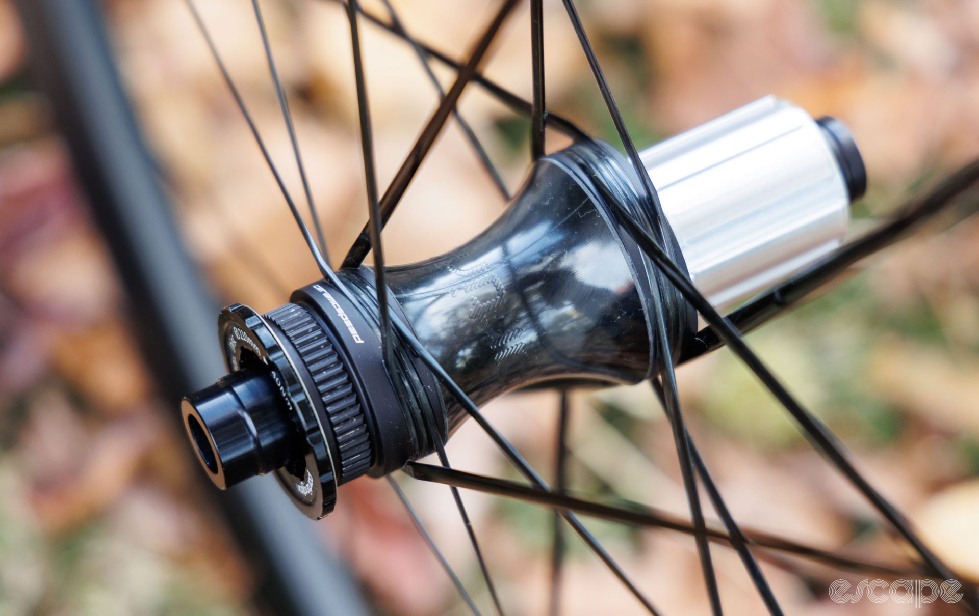 The rear hub of the Partington MKII. The spokes wrap into a notch in the flanges that, under tension, keep the wheel mechanically stable even if the resin bond fails.