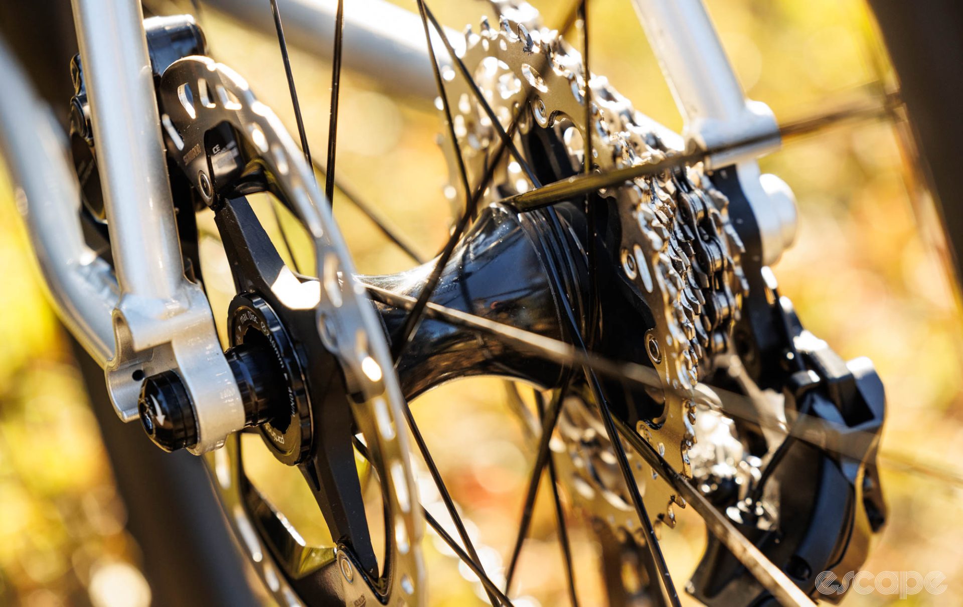 A closeup of the rear hub, showing how the drive side spokes offer ample clearance to the derailleur cage.