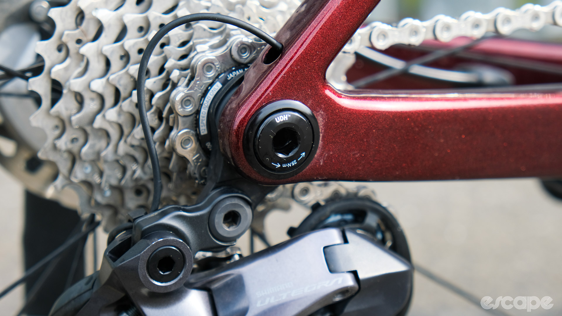 A closeup of the rear dropout on the Falcn RS, showing another usage of SRAM's UDH derailleur mount, and exit port routing for electronic shifting wire.
