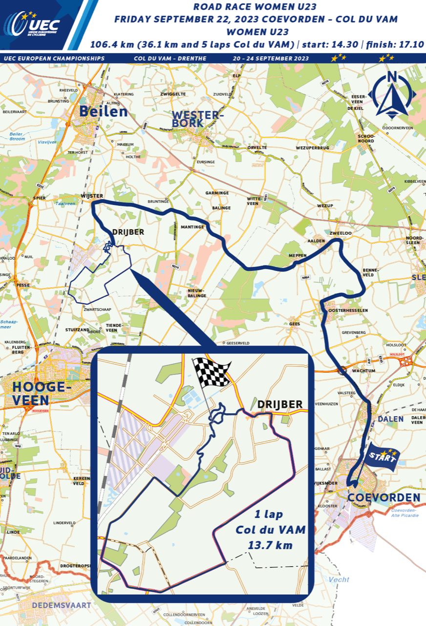 Map of the U23 race route for the European Championships.