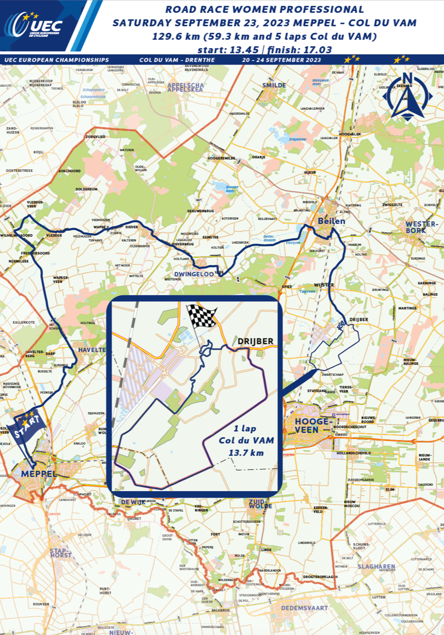 Map of the road race route for the 2023 European Championships.