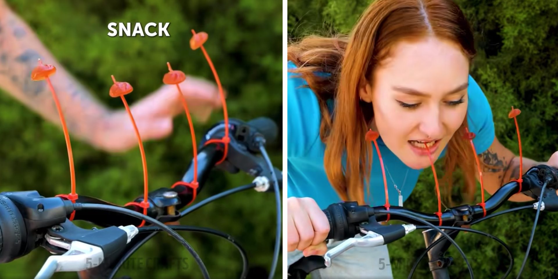 Composite image. Left: someone has attached small gummy sweets onto the end of cable ties, which are protruding up off the handlebar like a series of antennas. Subtitle reads "snack". Right: the rider leans over and bites a gummy sweet off a cable tie.