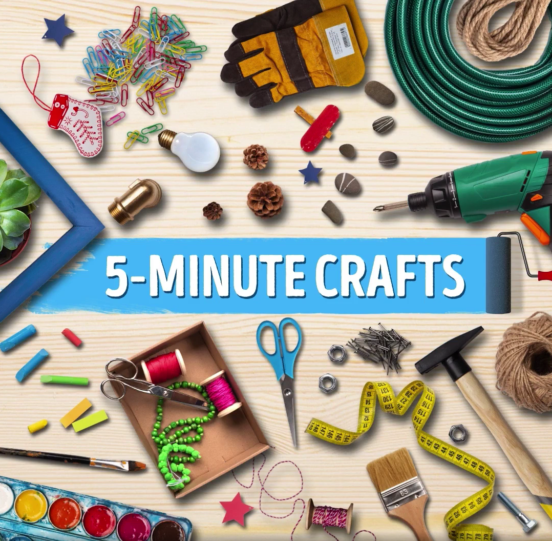 5 Minute Crafts title card, with generic craft supplies.